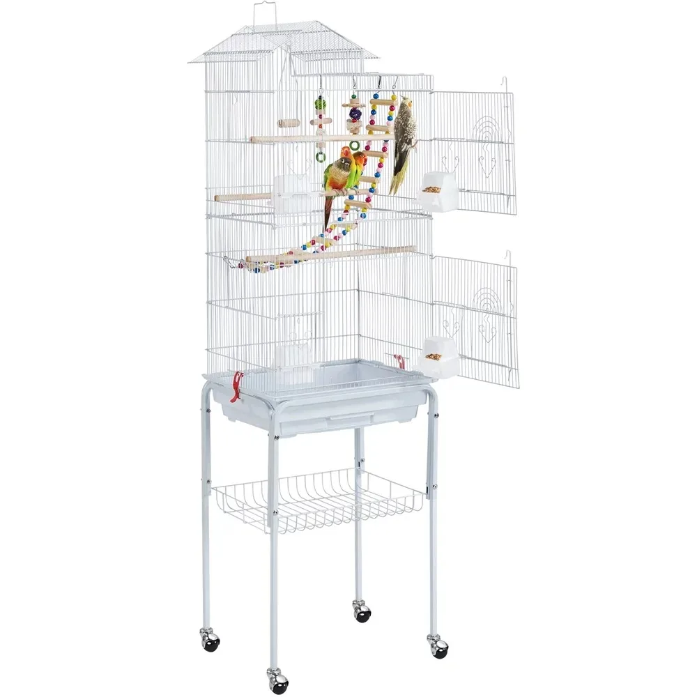 

62.4” Metal Birdcage Parrot Cage With Detachable Stand White Birdhouse Agaporni Love Bird Cages and Accessories Nest for Birds