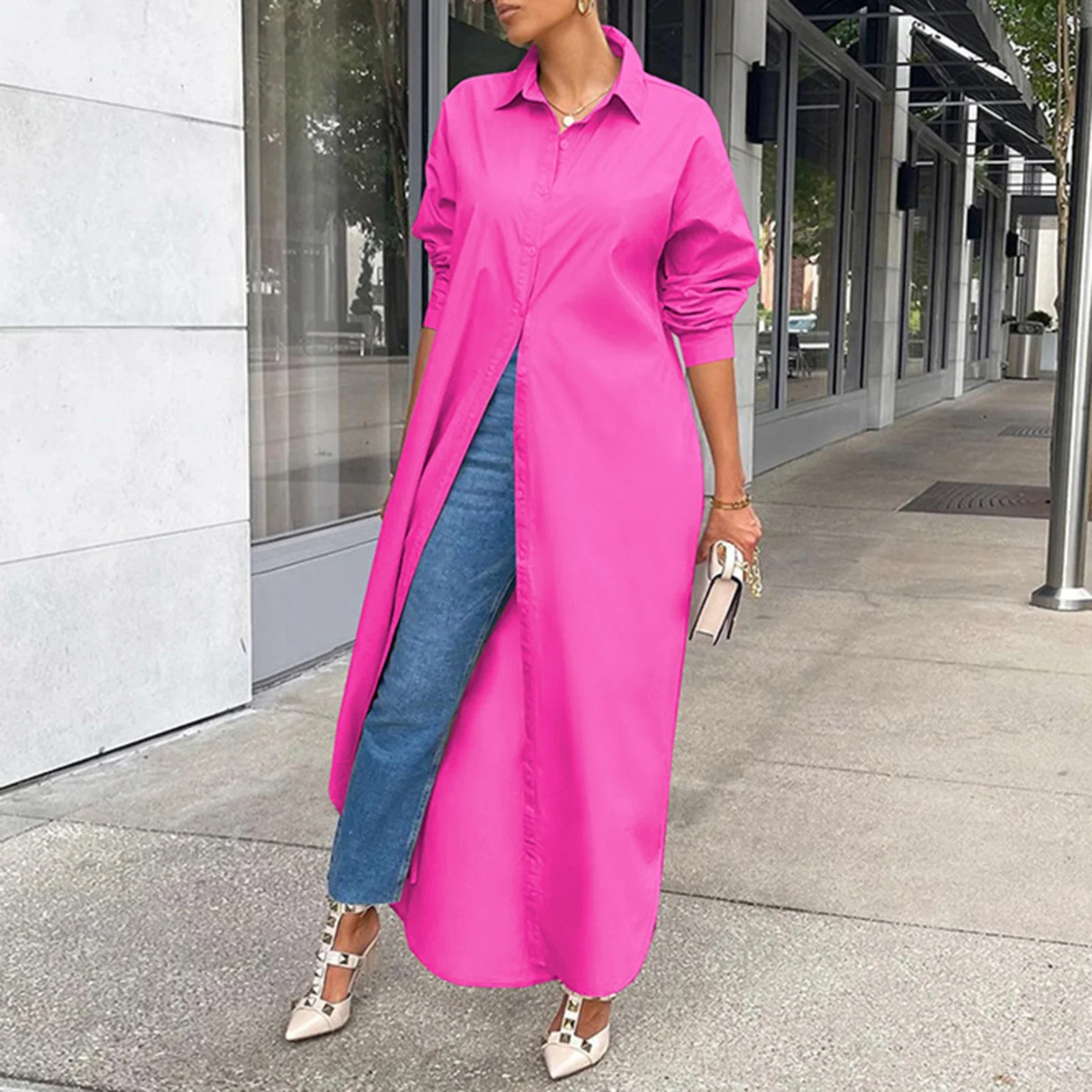 Women Shirt Windproof Shirt Dress Versatile Hem Stylish Autumn Winter Solid Color Shirt Long Dress