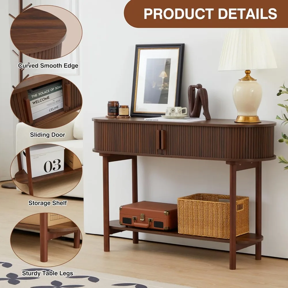 Fluted Console Table, Modern Entryway Table with Tambour Sliding Door, 2-Tier Sofa Table with Storage, Side Table Behind 4