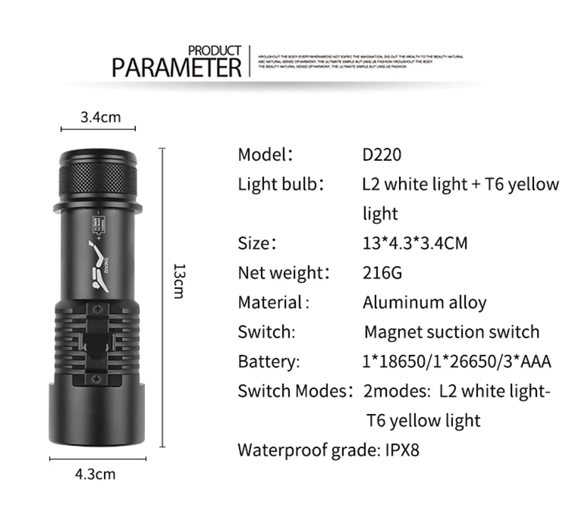 Description Picture 6 of itemF2 Diving Powerful  Flashlight Torch Tourch Light Lamp Underwater High Power Led Flashlights Dving Edc Camping Tactical Lantern