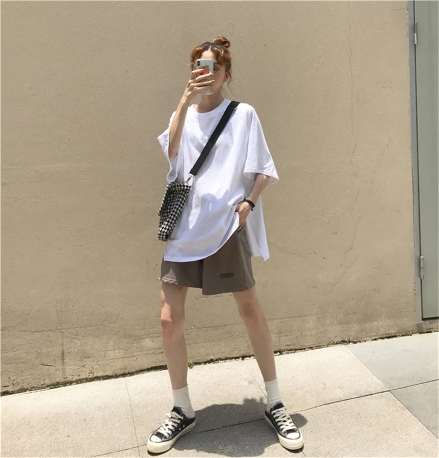 Women's Basic White Slit T-shirt+Letter Printed Short Pants Suit Summer Casual High Street Oversized Outfit Ladies Two Piece Set womens loungewear