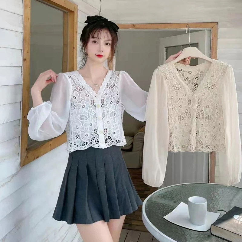 

French Hollow Crochet Blouse Tops Women's Long Sleeves T Shirts Chic Tee Tops Button Down Sunscreen Tops for Daily Wear