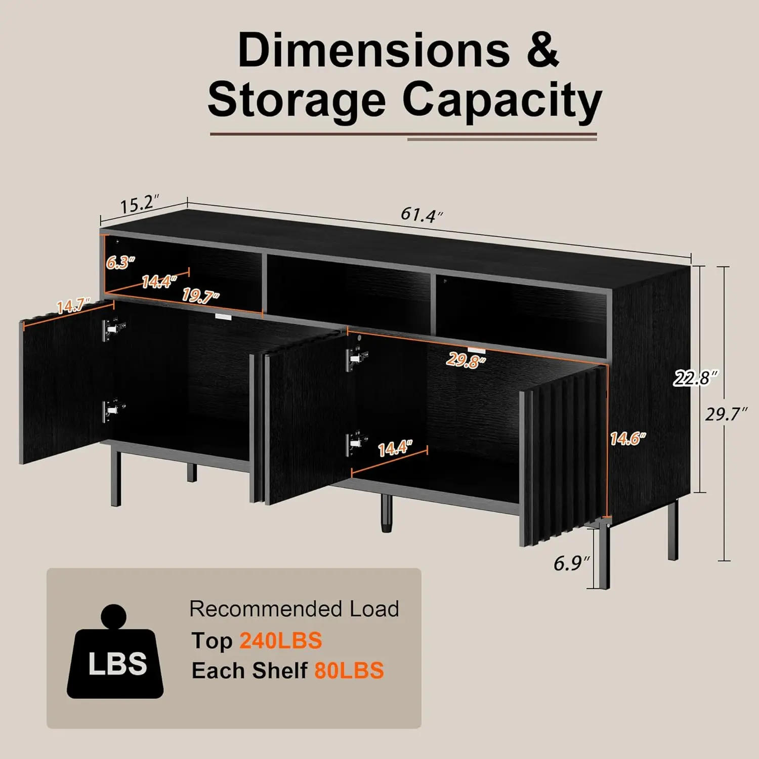 Buffet Cabinet with Storage, 61.4'' Fluted Sideboard,Wood Buffet with Metal Legs 4 Doors and Spacious Top(Black)