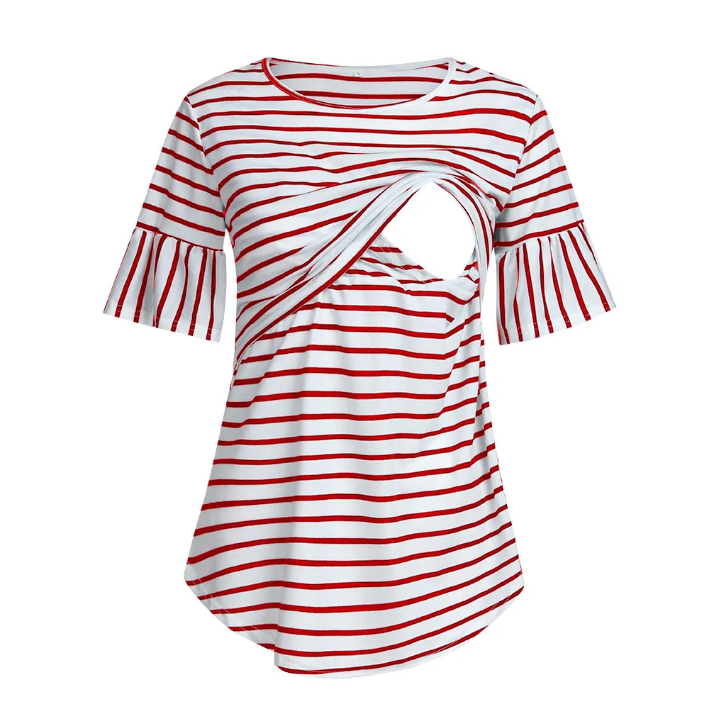 New Maternity Crew Neck Top Summer Short Sleeve Striped Print Fashion Nursing Top Pregnancy Top Breastfeeding