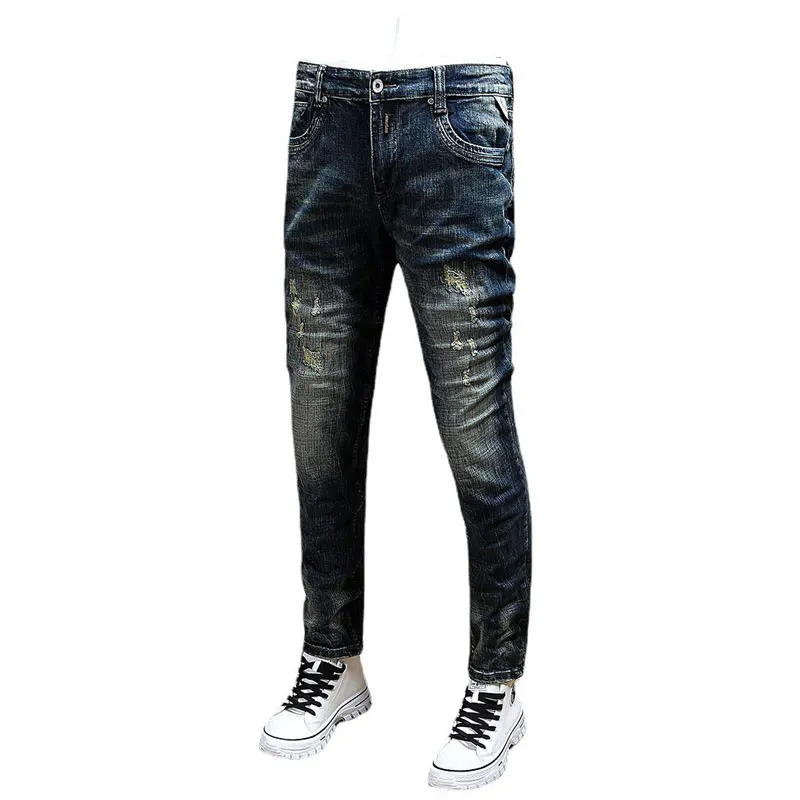 Fashion Designer Men Jeans Retro Black Blue Stretch Elastic Slim Fit Ripped Jeans Men Embroidery Patched Vintage Pants Hombre