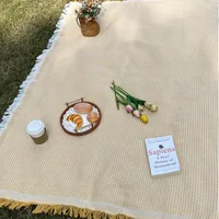 Picnic Blanket with Tassel Camping Mat Lawn Pad for Outdoor Travel Portable Knitting Tablecloth Nap Bedspread 3