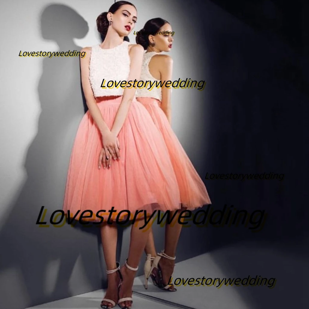 

Lovestory Two Pieces Real Images Prom Dresses Crew Neck Sleeveless Homecoming Party Dress A Line Tulle Birthday Formal Gowns