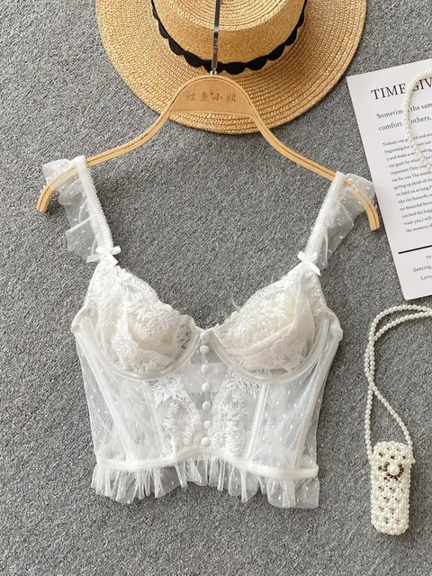 ssTss French Elegant See Through Mesh Lace Tank Top for Women Summer Sexy Black White V Neck Strap Slim Fit Vest Bras Tops