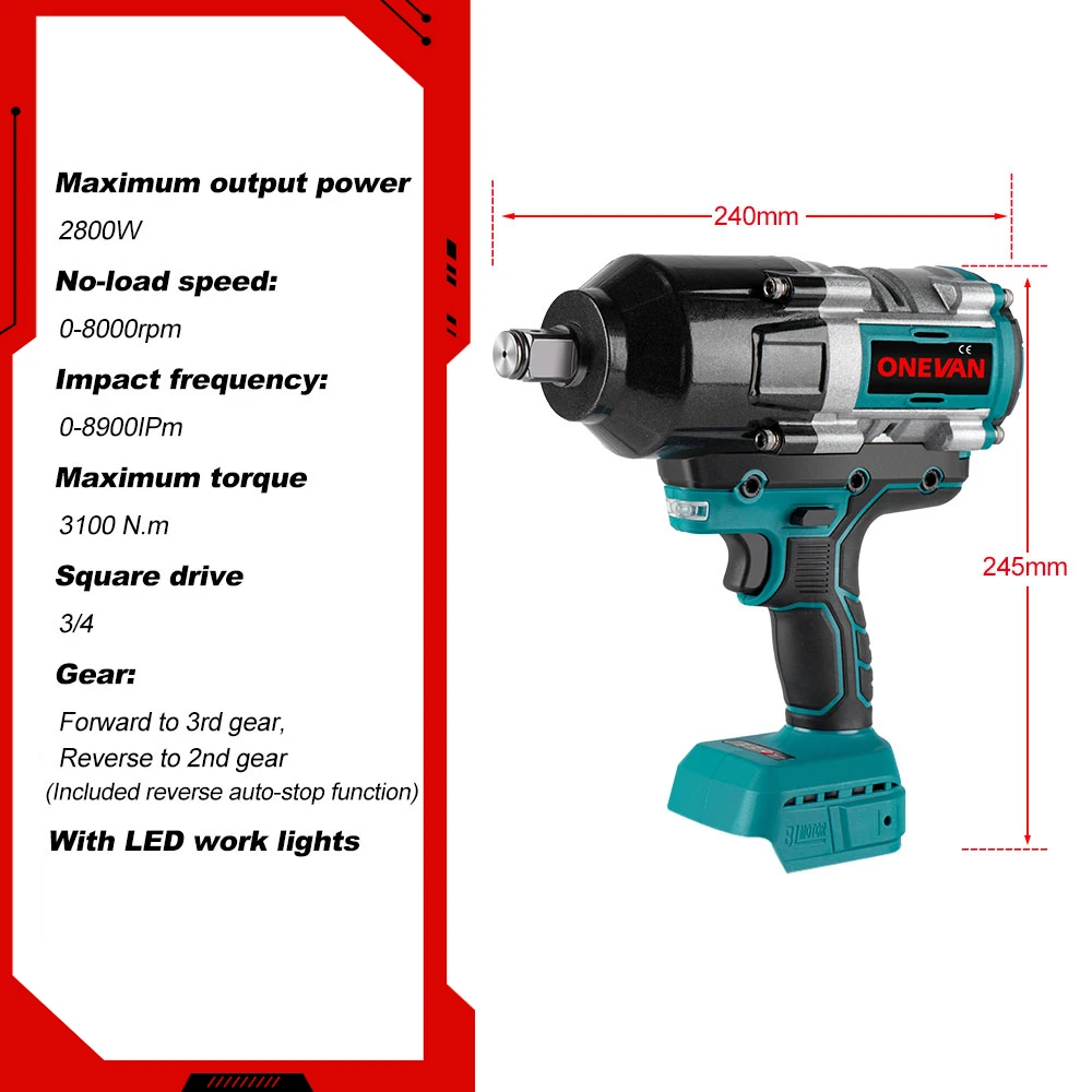 ONEVAN 3100N.M High Torque Brushless Electric Impact Wrench Lithium-Ion Battery Cordless Electric Wrench for Makita 18V Battery