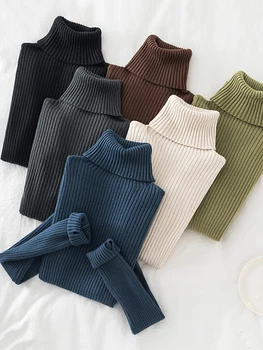 2025 Warm Thick Autumn Winter Women Sweater Pullover Basic Ribbed Sweaters Cotton Tops Knitted Solid Turtleneck With Thumb Hole