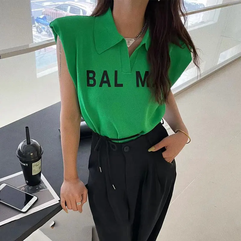 

Knitted Sweater Women Pullover 2024 polo collar Jumper Sweater summer letter Slim Streetwear Sleeveless shoulder pads vest Top