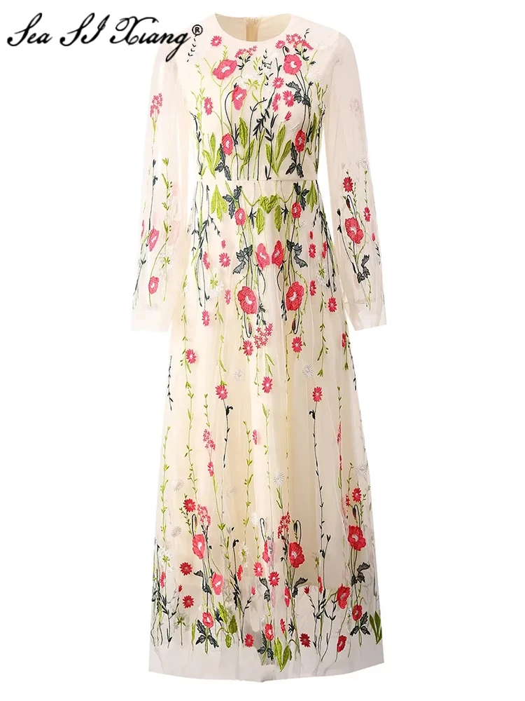 

Seasixiang Fashion Designer Autumn Mesh Maxi Dress Women O-Neck Long Sleeve Floral Embroidery Elegant Party Dresses