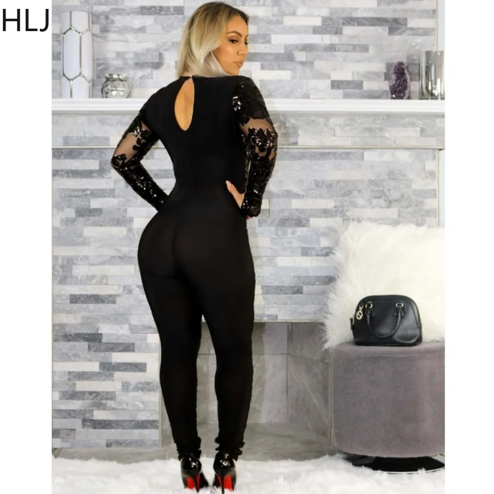 HLJ Black Sexy Perspective Deep V Bodycon Jumpsuits Women Sequin Mesh Splicing Slim Party Club Playsuits Fashion Solid Overalls