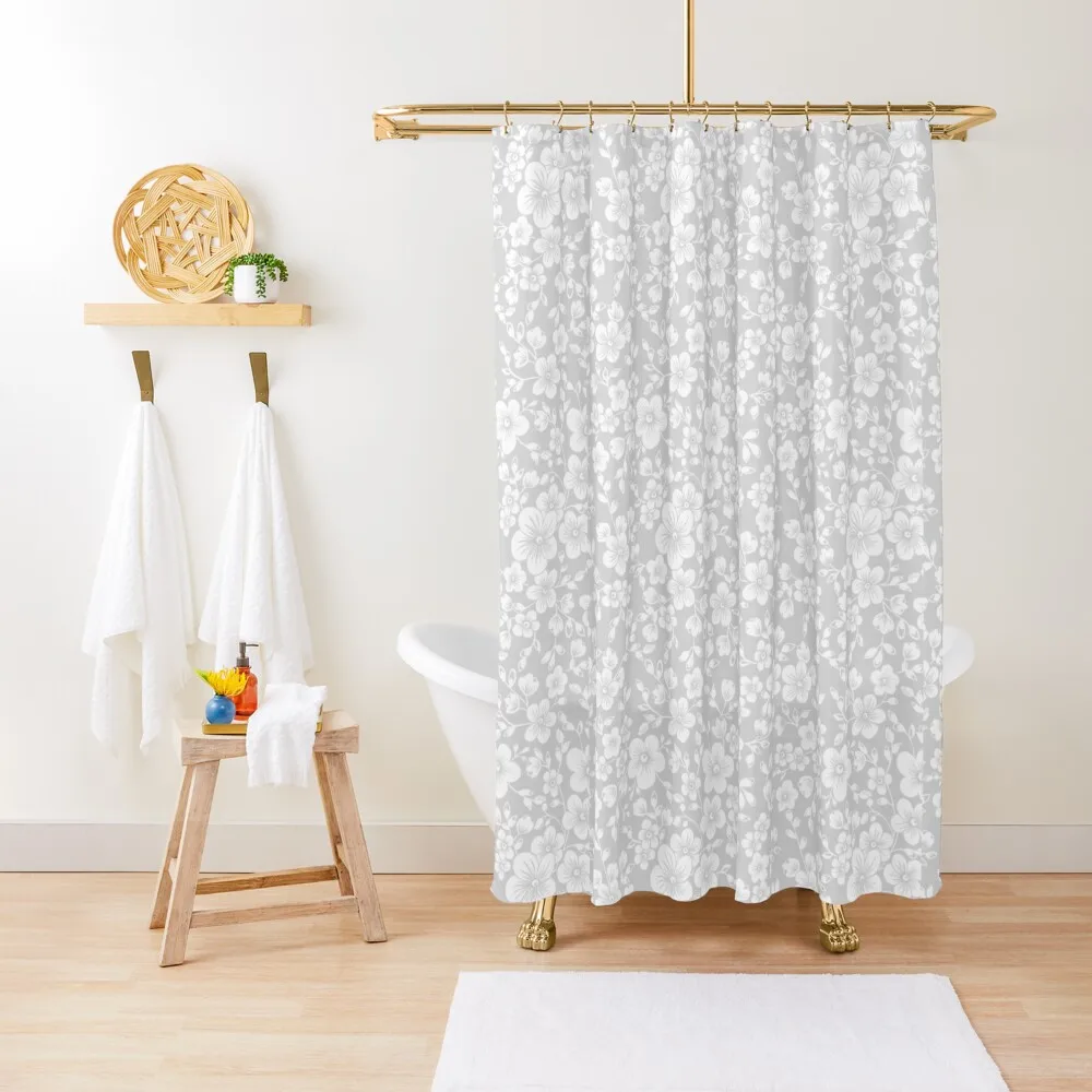 

Delicate Light Grey and White Blossom Floral Print Shower Curtain Luxury Bathroom Curtain Curtain Shower