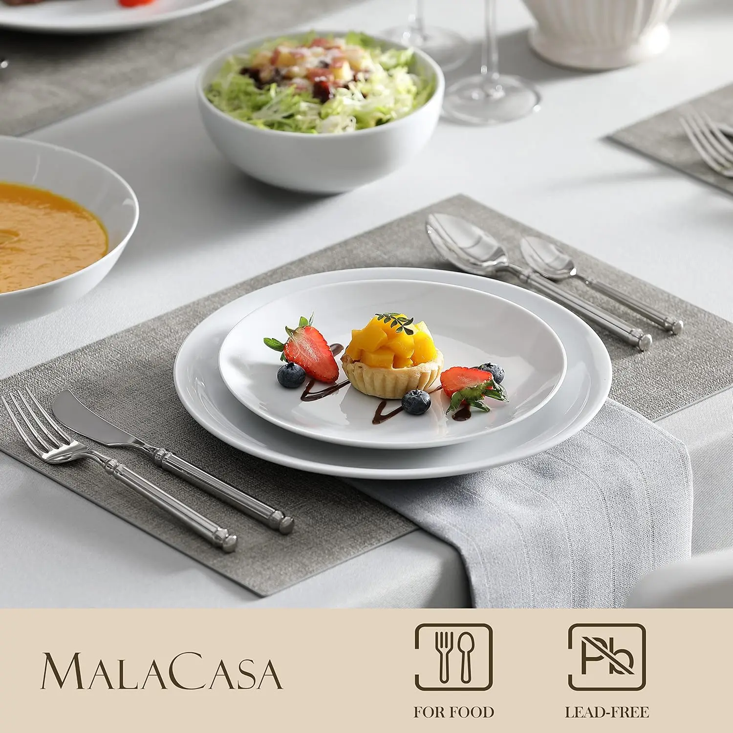 MALACASA 24-Piece Gourmet Porcelain Dinnerware Sets, Modern White Round Dish Set for 6-Premium Serving Plates and Bowls Sets f