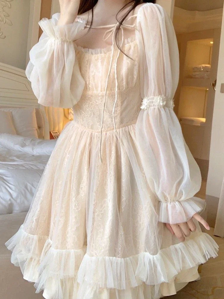

Lolita Kawaii Princess Dress Women Spring Summer Casual Long Sleeve Short Dress Japanese Square Collar Ruffles Pleated Dresses