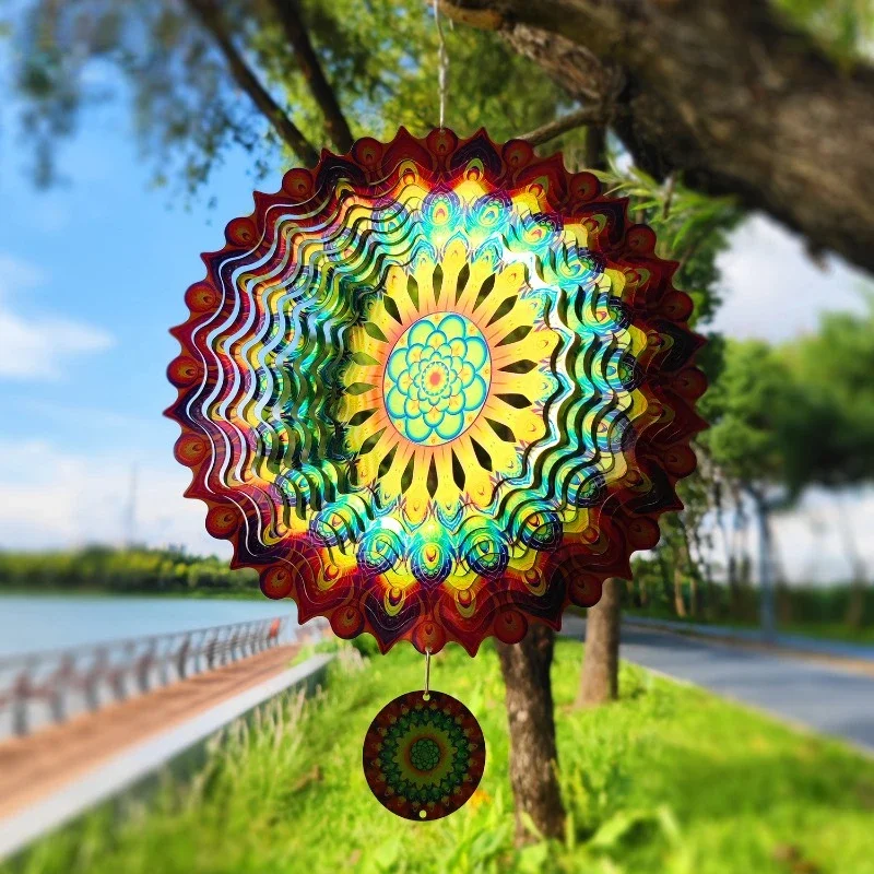 Outdoor Bird Repellent Wind Chime Mandala Garden Yard Balcony Stainless Steel Hanging Decor for Home 3D Rotating Wind Spinner 2