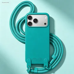 Elegant Crossbody Long Lanyard Phone Case with Skin - Touch Anti - Fall Liquid PC Cover - iPhone 15 (Dark Green GS)