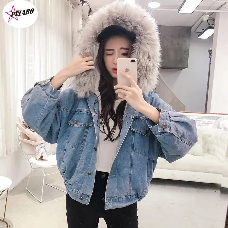 

PULABO y2k Warm Winter Bomber Women Spring Autumn Hooded Coat Jeans Denim Jackets Basic Ladies Top Windbreaker Female Large