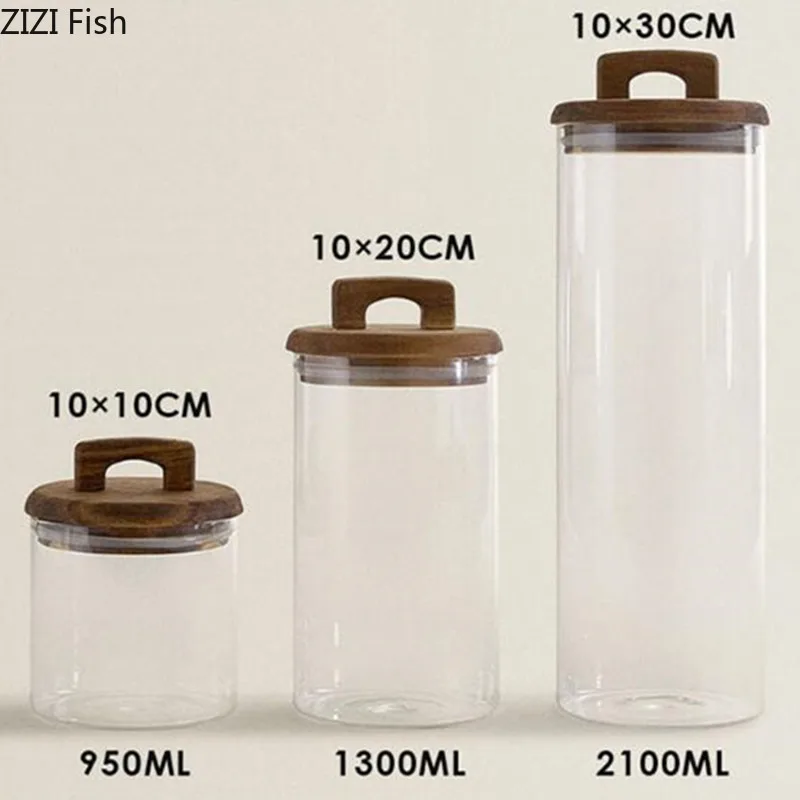 Wooden Lid Glass Storage Jar Creative Modern Household Miscellaneous Grain Storage Jar Kitchen Food Sealed Jar Storage Ornaments 5