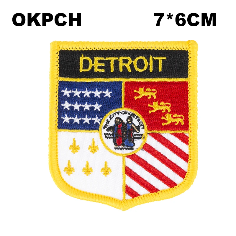 

Detroit Flag Shield Shape Iron on Embroidery Patches Saw on Transfer Patches Sewing Applications for Clothes Back Pac