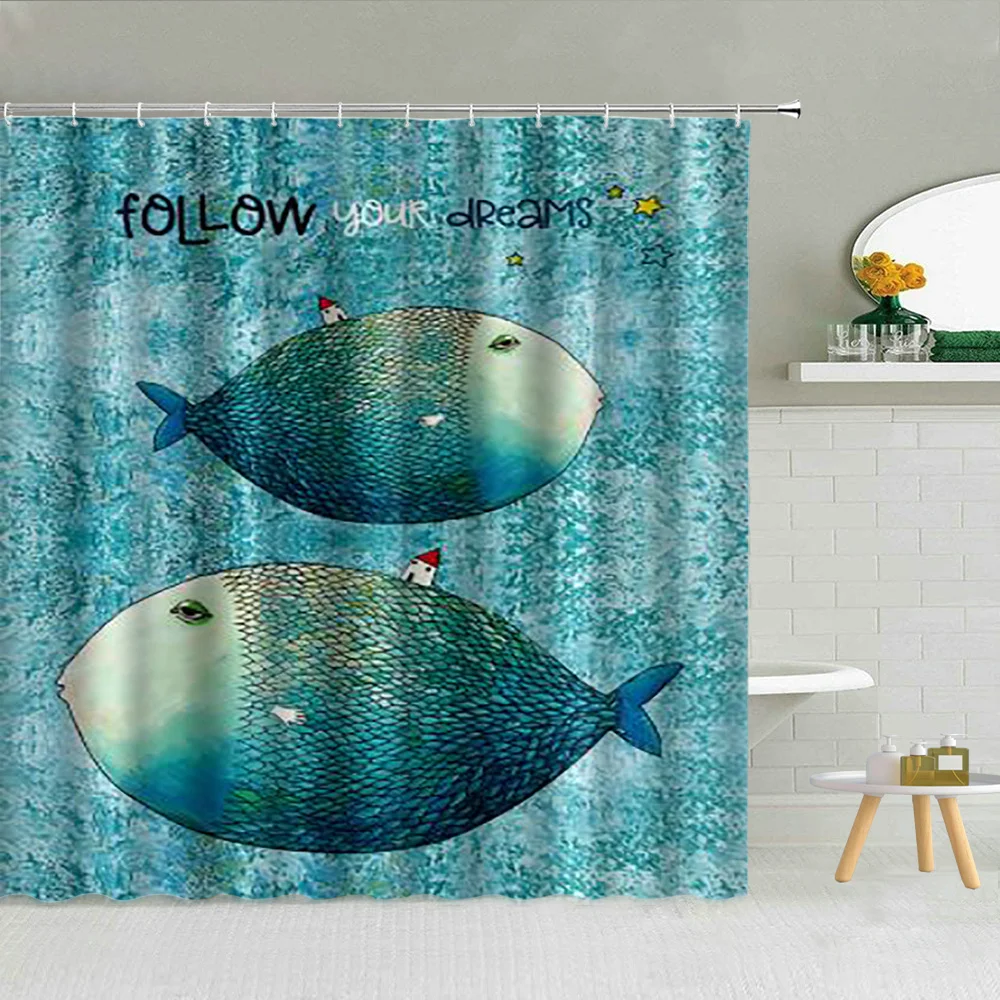 

Funny Blue Ocean Big Fish Carrying the house Shower Curtain Follow Your Dreams Kids Bath Curtains For Bathroom Home Decor Set