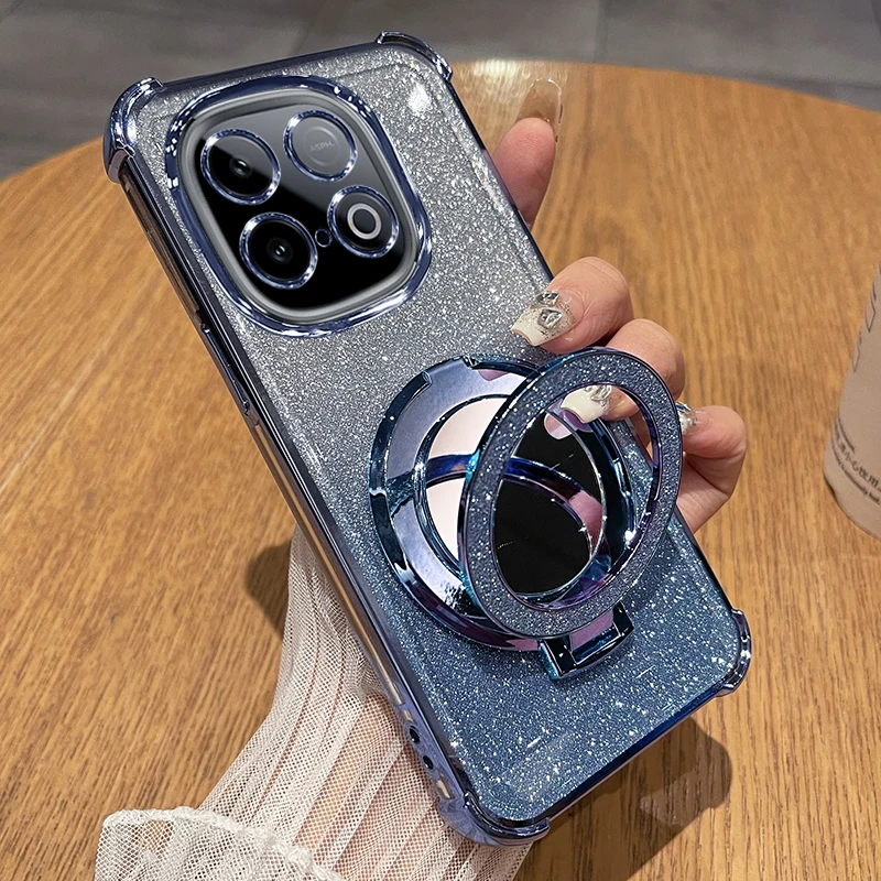 Elegant Plating Glitter Mirror Holder Silicone Shockproof Case with Magnetic Stand Cover