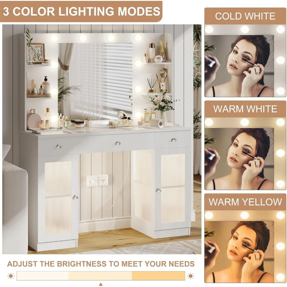 Makeup Vanity with Glass Top, White Vanity Desk with Mirror and Lights, Big Vanity with Drawers & Cabinets for Bedroom, Cute Van 4
