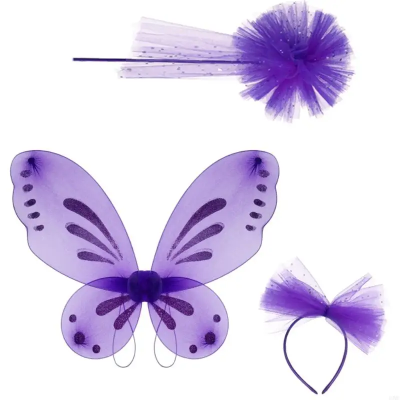 49MF Child Halloween Fairies Wing with Headband and Wand for Kid Birthday Christmas