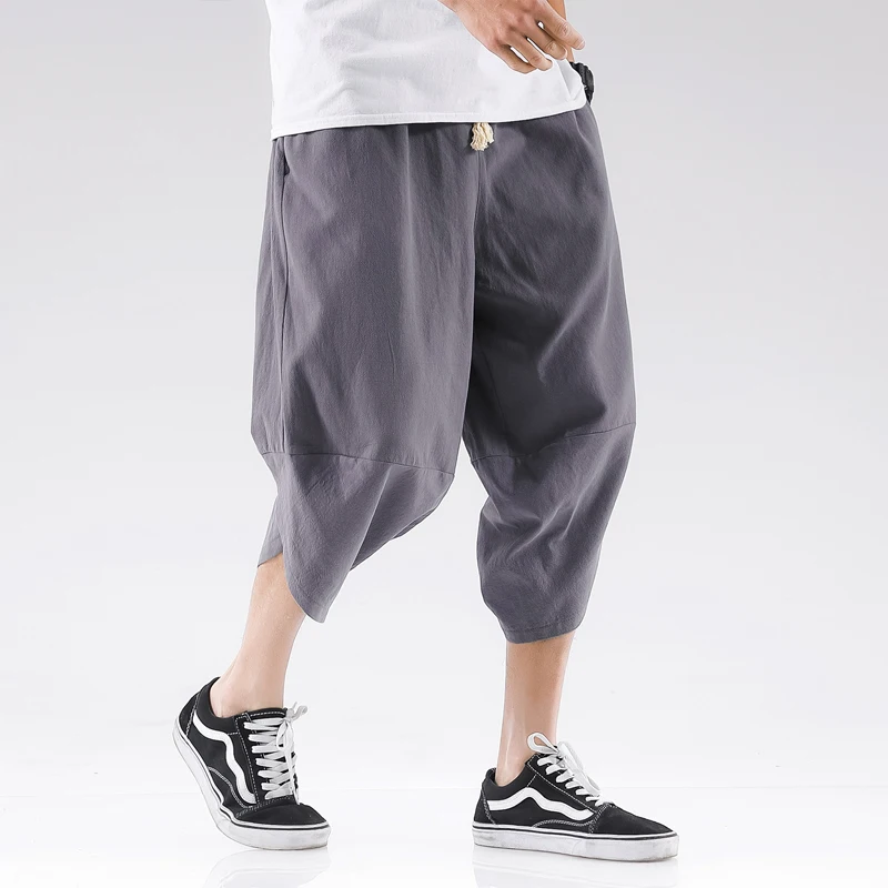 

2023 Summer Harajuku Calf Length Casual Pants Men Cotton Solid Color Harem Men's Baggy Pants Wide Leg Sweatpants