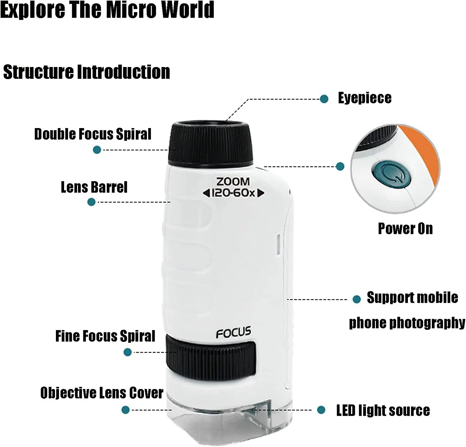 Portable Microscope Kit for Kids with LED Light and Adjustable Zoom