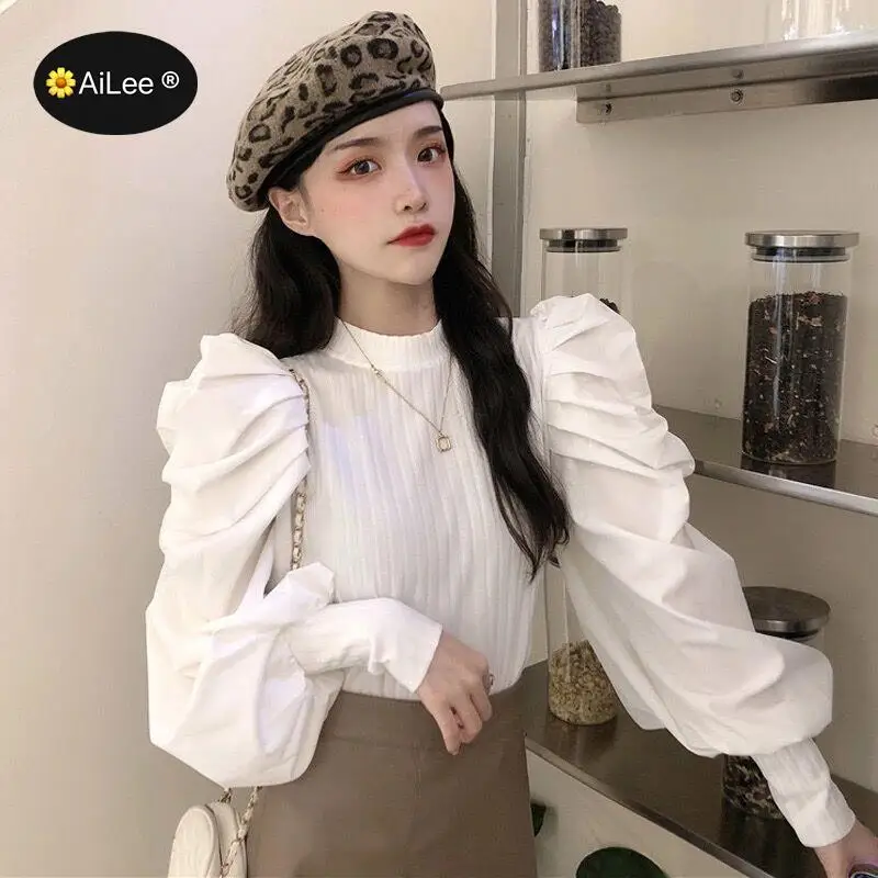 

Long Puff Sleeve Half Turtleneck Women Blouse Knitted White Streetwear Pullovers Lolita Sweet Princess Palace Vintage Tops Shirt