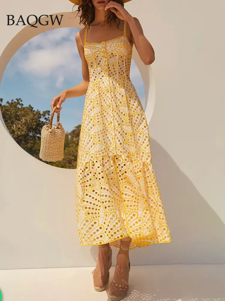 

Spring Sexy Hollow Out Solid Dress Female Square Collar Sleeveless High Waist Casual Fashion Long Dresses for Women Beachwear