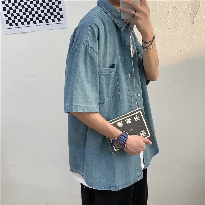 Denim Shirt Summer New Loose Fit 5 Button Short Sleeve Men's Denim Shirt Casual Style Korean Version Couple's Shirt Comfortable Breathable