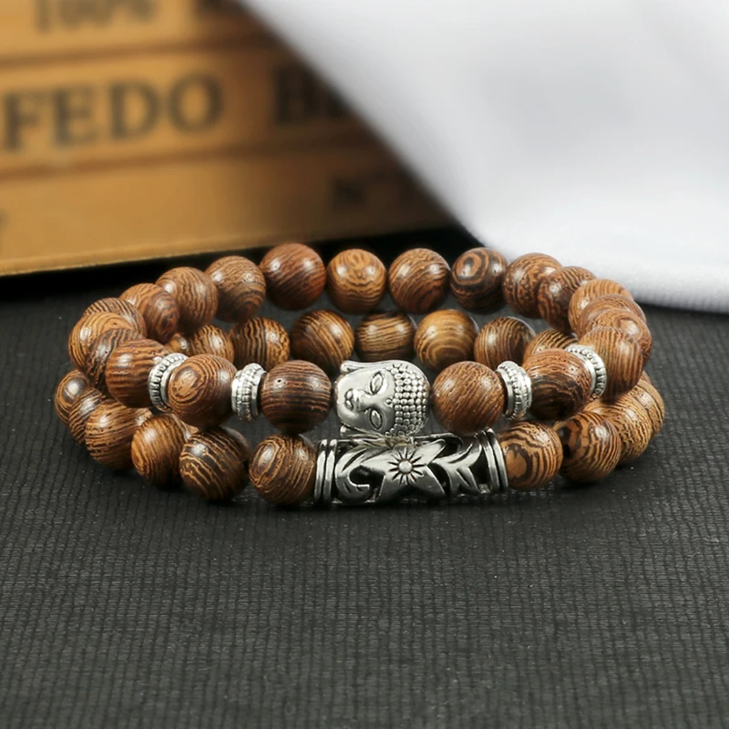 Stone Bead Bracelet 2pcs/set Buddha Head Natural Tiger Eye Lava Stone for Women Men