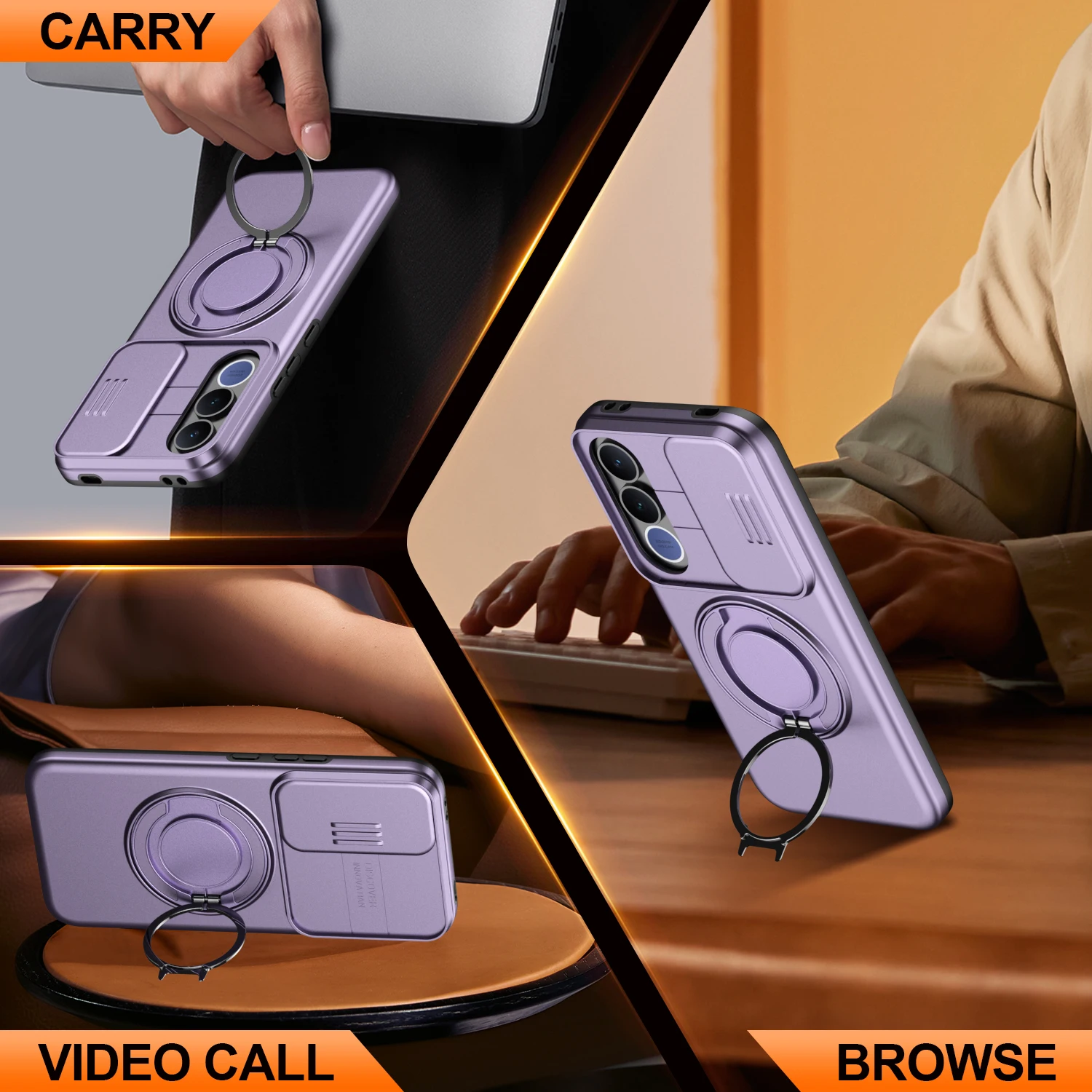 Enhanced Shockproof Magnetic Ring Stand Holder Phone Case with Camera Flip Protection