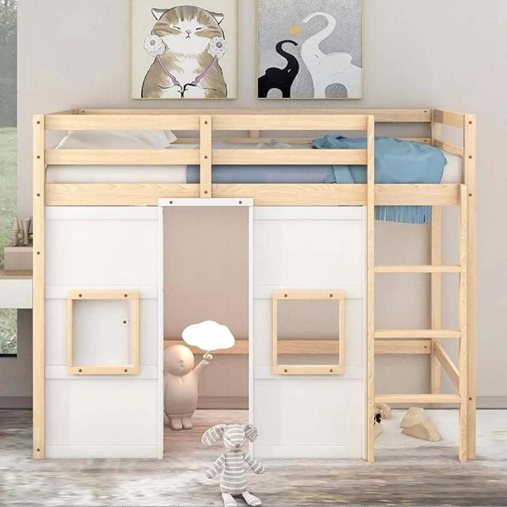 Twin Size Loft Bed with Built-in Wardrobe and 2 Windows,Solid Wood Loft Bed Frame with Safety Guardrail for Kids Teens Boys 3