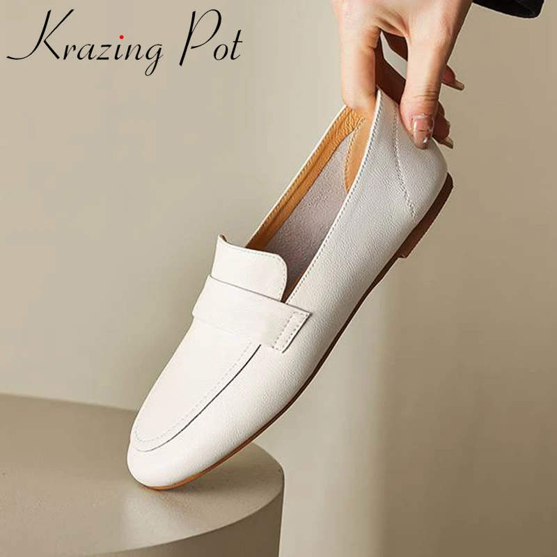 

Krazing Pot 2023 Cow Leather Round Toe Low Heels Spring Loafers Shoes Kpop Style Causal Daily Wear Slip on Brand Maiden Flats