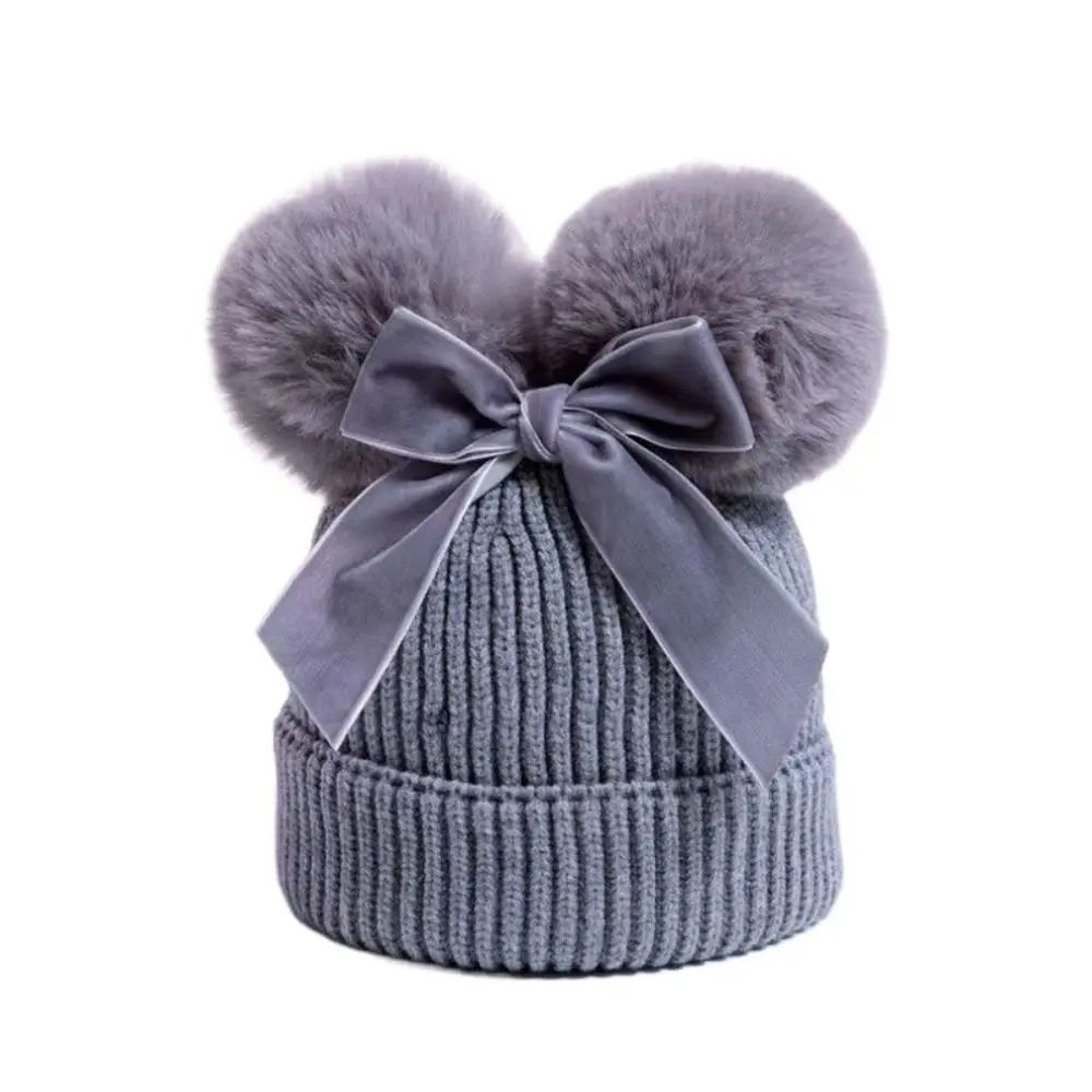 כובע צמר סרוג עמיד ברוח עם פומ פום, כובעי חורף מעובה עם תחתית כותנה, כובע חם לילדים ולבנות