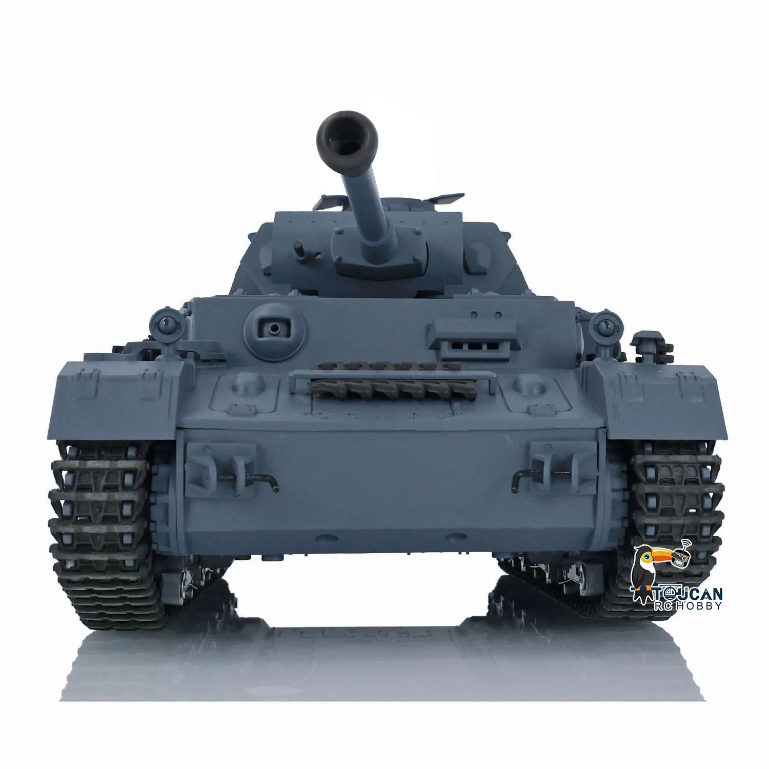 Profil du tank robot télécommandé montrant sa tourelle rotative et ses chenilles - Achetez le char RC HengLong 1/16 avec système de combat BB et infrarouge.