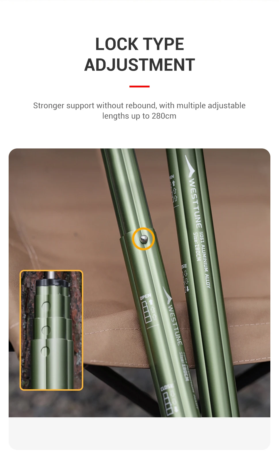 WESTTUNE 2PCS Outdoor Baldachin Stange Aluminium Legierung Teleskop Zelt Unterstützung Faltbare Strand Shelter Markise Stange für Camping Angeln – Detail 5