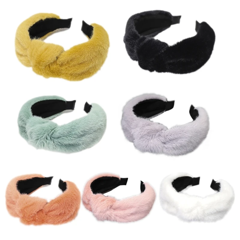 

Women Winter Plush Wide Headband Solid Candy Color Twist Knot Center Hair Hoop Casual Makeup Wash Face Headdress