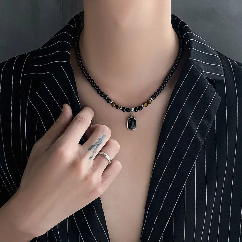 Stainless Steel Men Necklace with Tiger Eyes Stone Beads