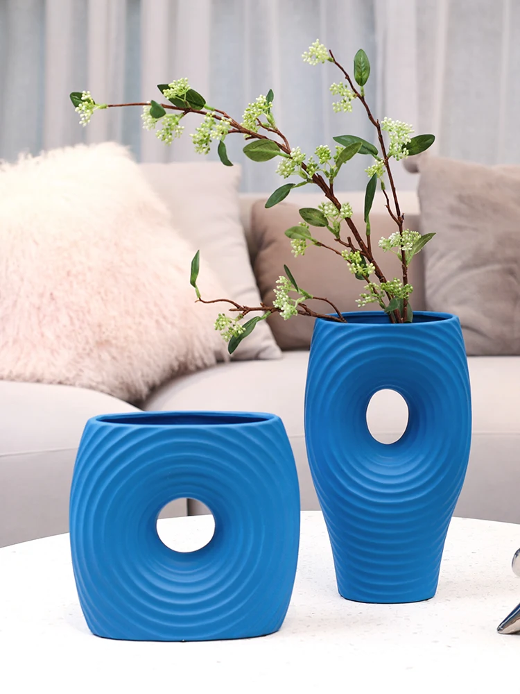 

Керамическая ваза в скандинавском стиле синего цвета для гостиной, Цветочная композиция для стола, телевизора, кабинета, крыльца, современное минималистичное украшение для дома