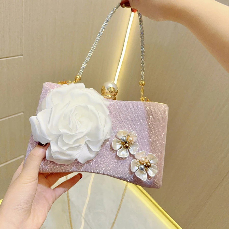 

Luxury Rhinestones Glitter Dinner Clip Bag Summer Women Party Wedding Evening Bag Korean Pearl Flower Clutch Purse Prom Handbags