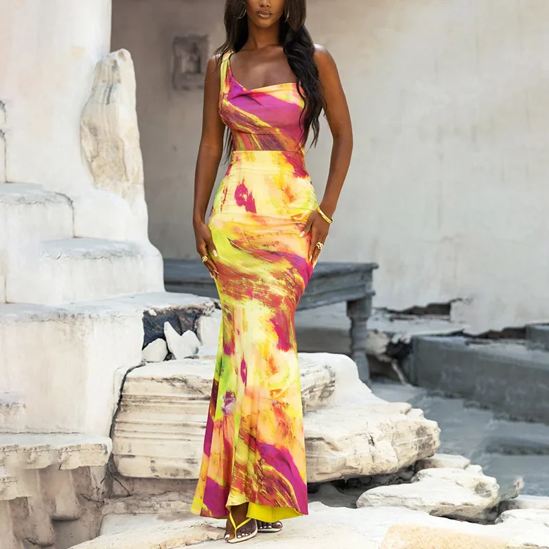 

Popular Print Strap Dress Sexy Tight Wrapped Hip Fishtail Long Dress дънкови дрехи деним платье Dress for Women