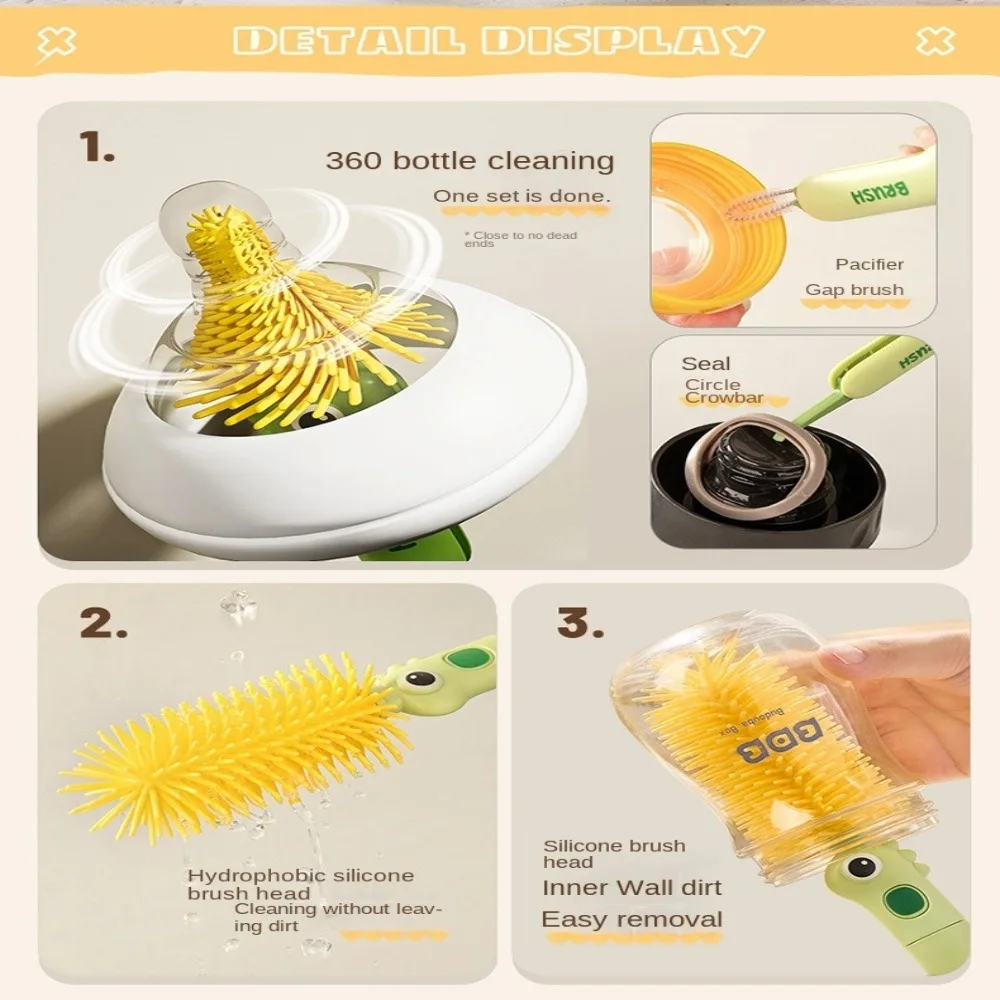 2PCS/SET 3-in-1 Baby Bottle Cleaner Set Silicone 360 Degree Rotation Nipple Brush Multi-functional Long Handle Baby Bottle Brush
