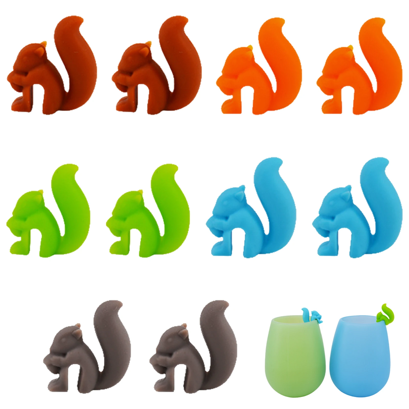 10Pcs Drink Markers Squirrel Silicone Wine Charms Assorted Silicone Glass Markers for Bar Party Tea Bags Holders Cup Mug