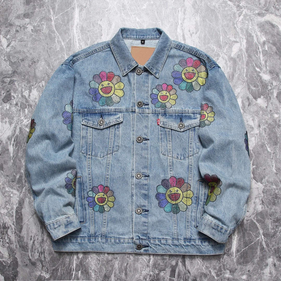 

High Street Washing Colorful Diamond Sunflower Loose Fashion Denim Jacket Men Women