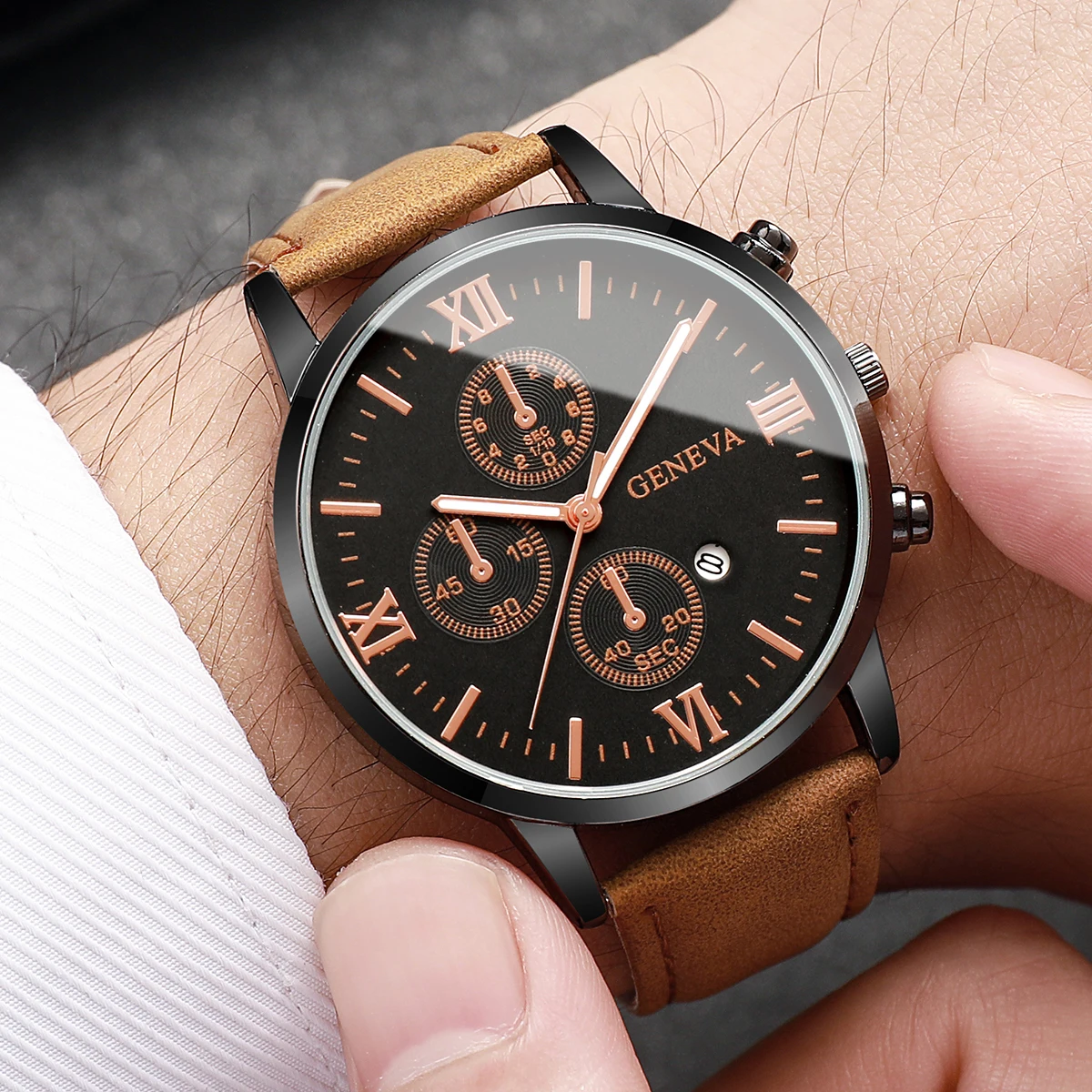 1/2PCs Men's Casual Calendar Watch Fashionable Men's Temperament Leather  Quartz Watch Unisex Watch Set(Box Not Included) 4